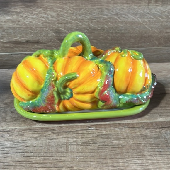 Vtg Essential Home Pumpkin Covered Butter Dish Ceramic Harvest Fall Thanksgiving - Picture 3 of 12